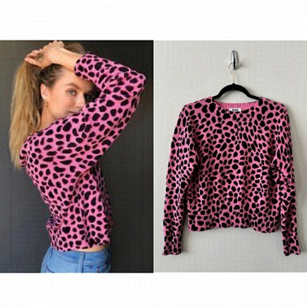 525 America - Hot Pink & Black Animal Print Cotton Sweater (Size:Small)